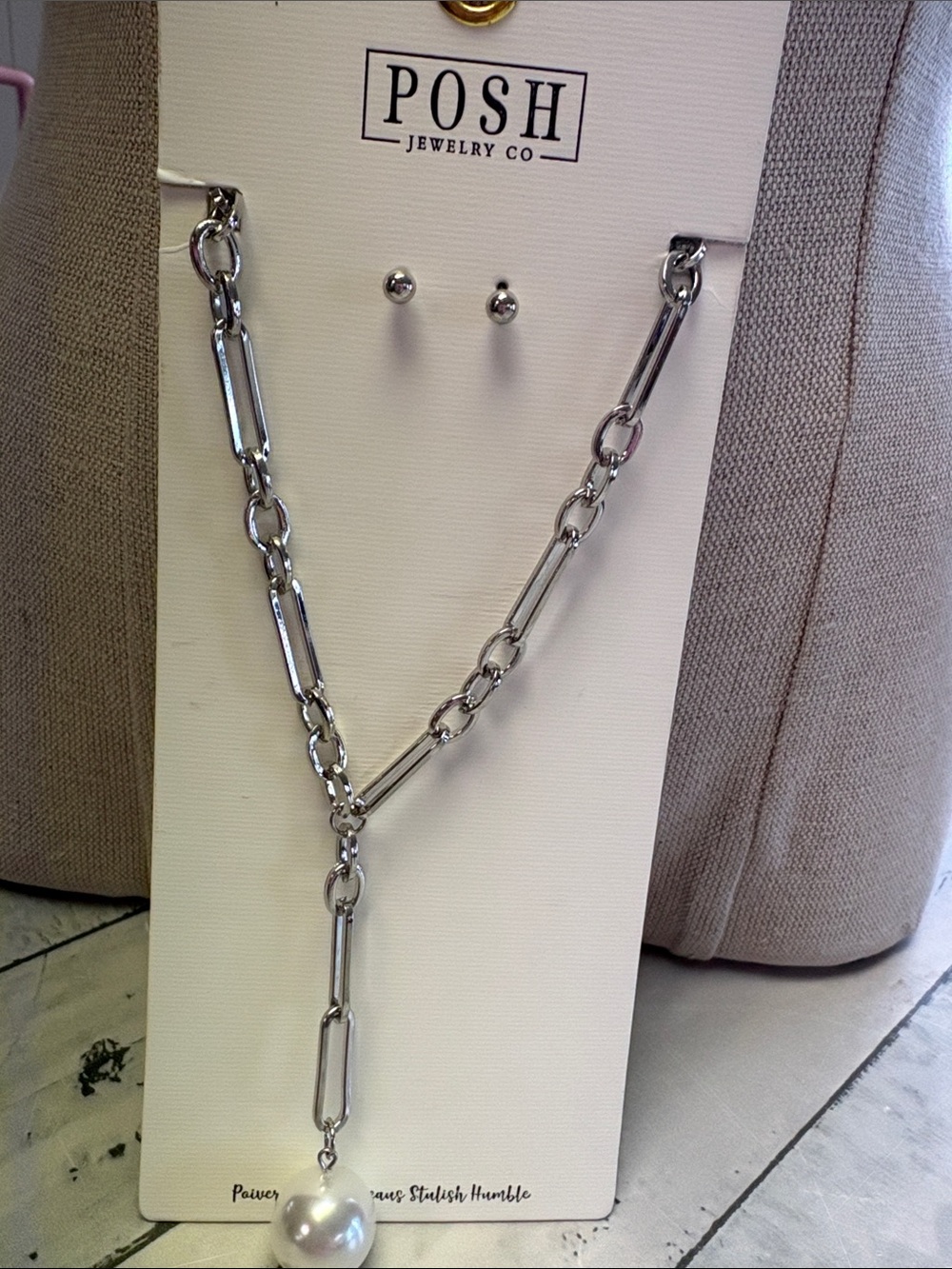 Posh Silver Link Necklace with Pearl Drop